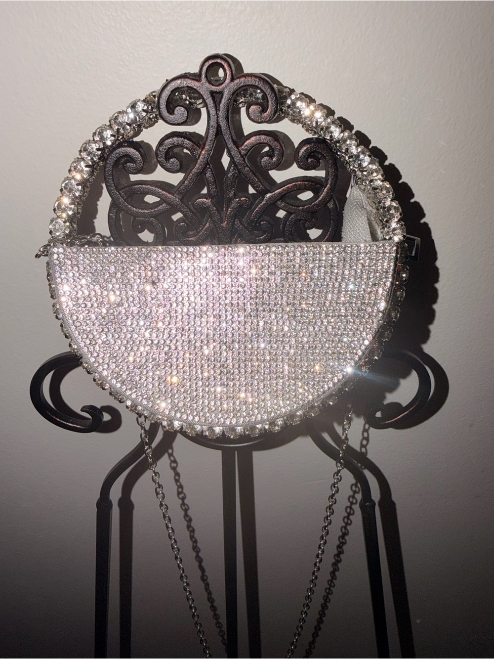Crystal Half-Moon Evening Bag - Silver Sparkle